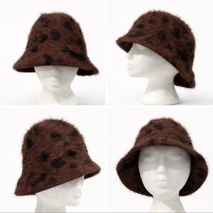 Angora Brown Black Fuzzy Women’s Bucket Hat Soft Knit Winter Accessory